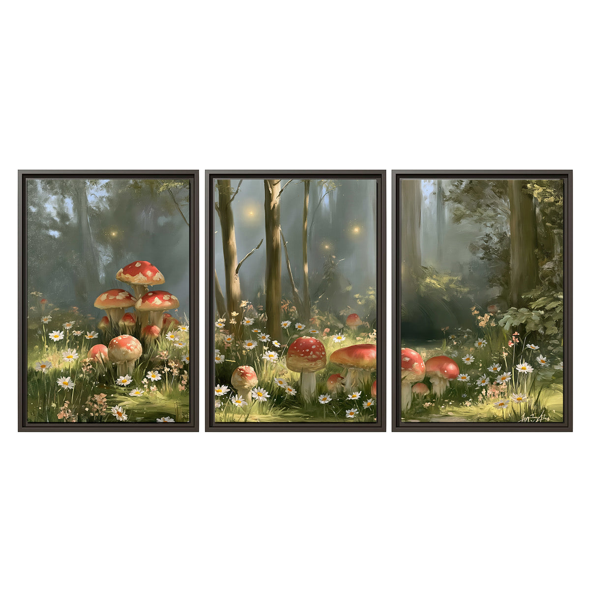 Red-capped mushrooms and white flowers beside tall trees in a sunlit forest 3 piece framed canvas wall art viewed straight on