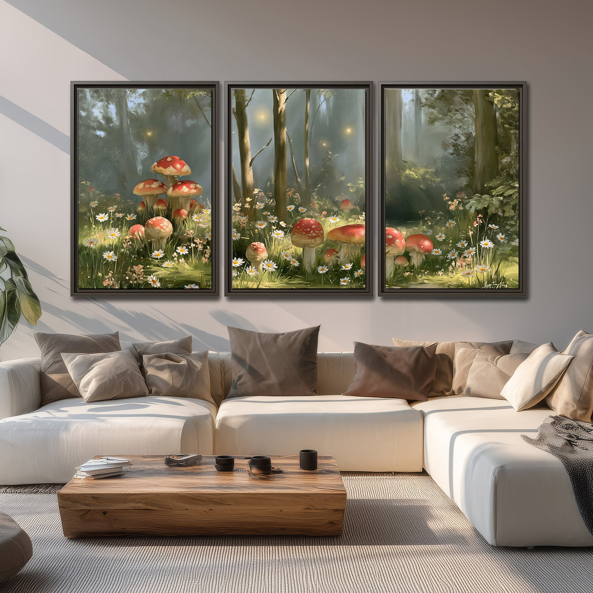Red-capped mushrooms and white flowers beside tall trees in a sunlit forest 3 piece framed canvas wall art displayed in a living room