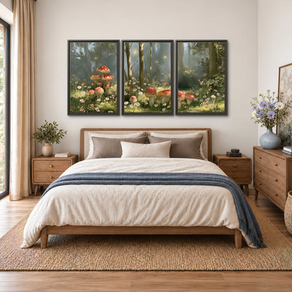 Red-capped mushrooms and white flowers beside tall trees in a sunlit forest 3 piece framed canvas wall art styled in an interior