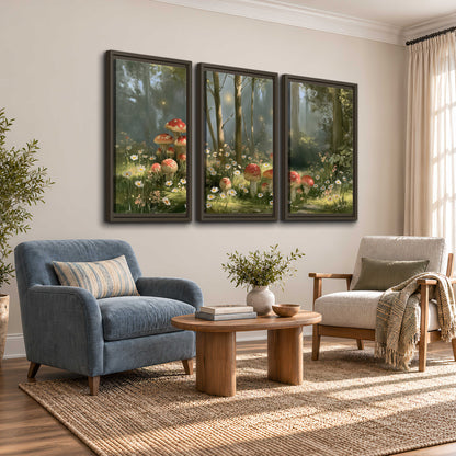 Red-capped mushrooms and white flowers beside tall trees in a sunlit forest 3 piece framed canvas wall art styled in an interior