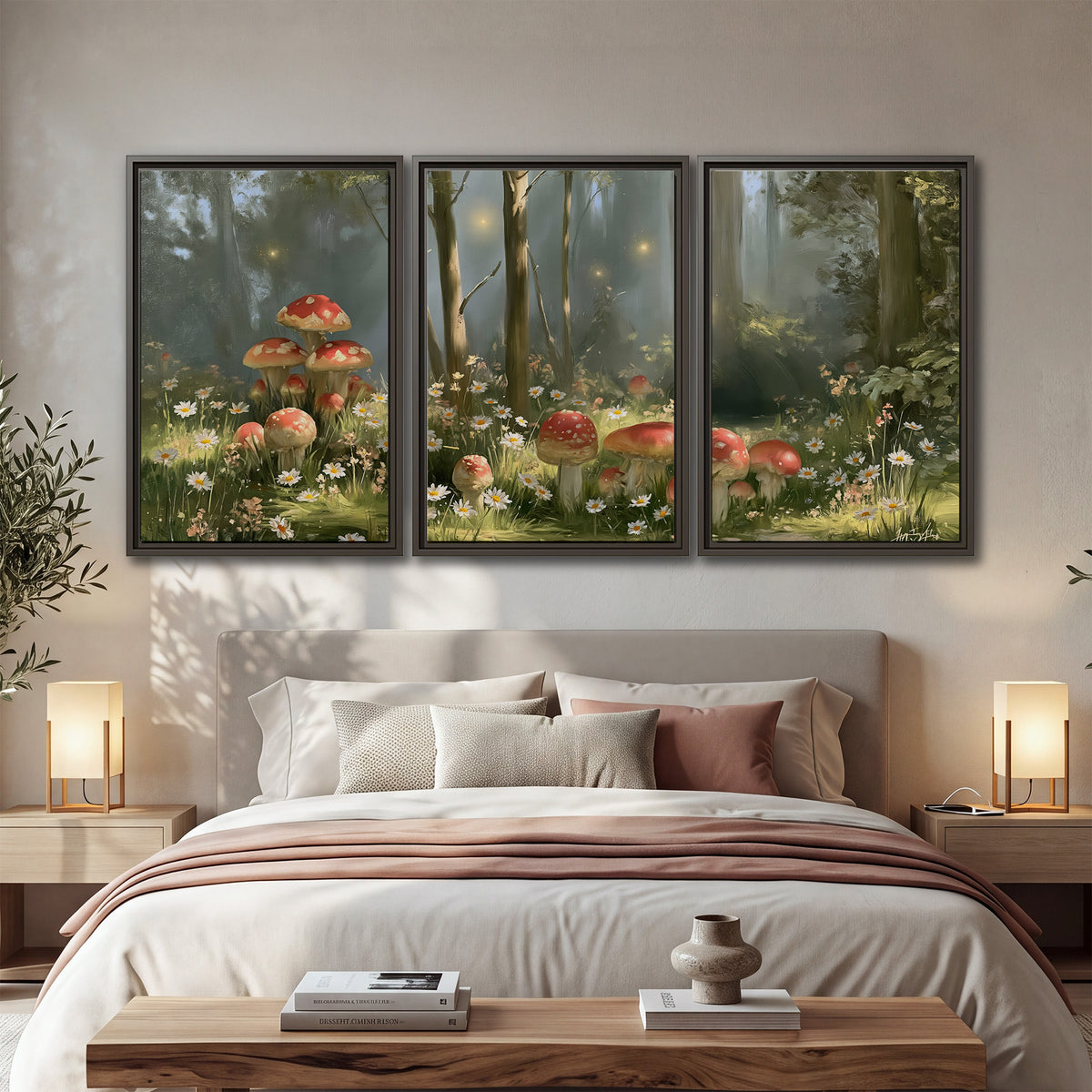 Red-capped mushrooms and white flowers beside tall trees in a sunlit forest 3 piece framed canvas wall art displayed in a bedroom