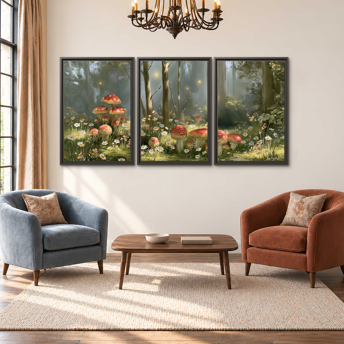 Red-capped mushrooms and white flowers beside tall trees in a sunlit forest 3 piece framed canvas wall art styled in an interior