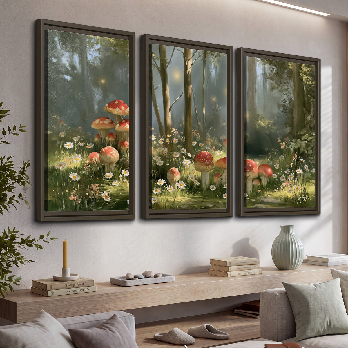 Red-capped mushrooms and white flowers beside tall trees in a sunlit forest 3 piece framed canvas wall art displayed in a console