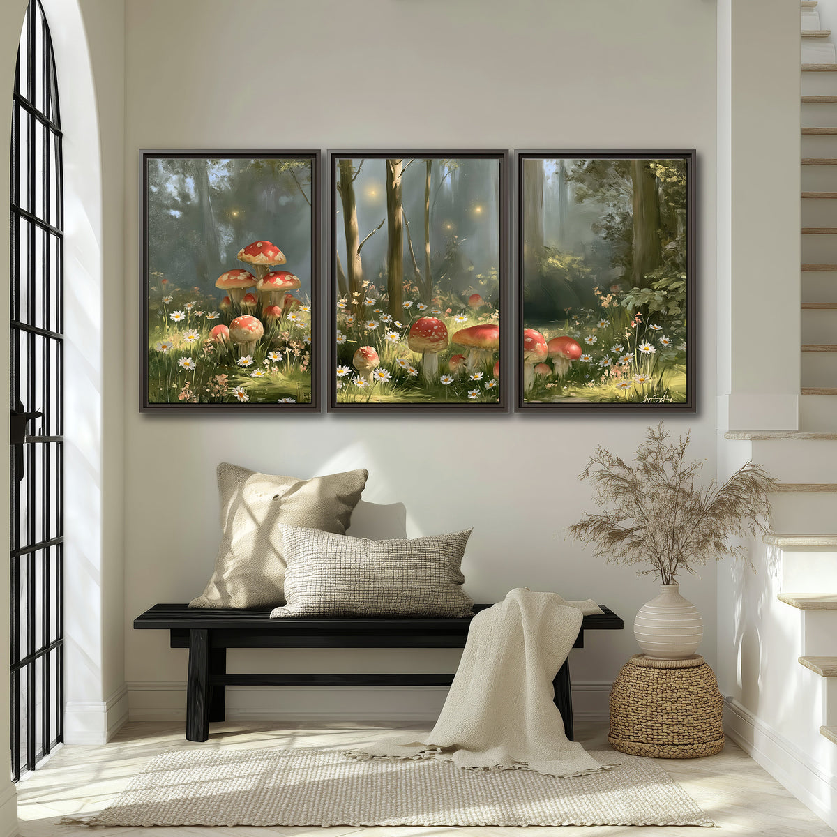 Red-capped mushrooms and white flowers beside tall trees in a sunlit forest 3 piece framed canvas wall art displayed in a entryway