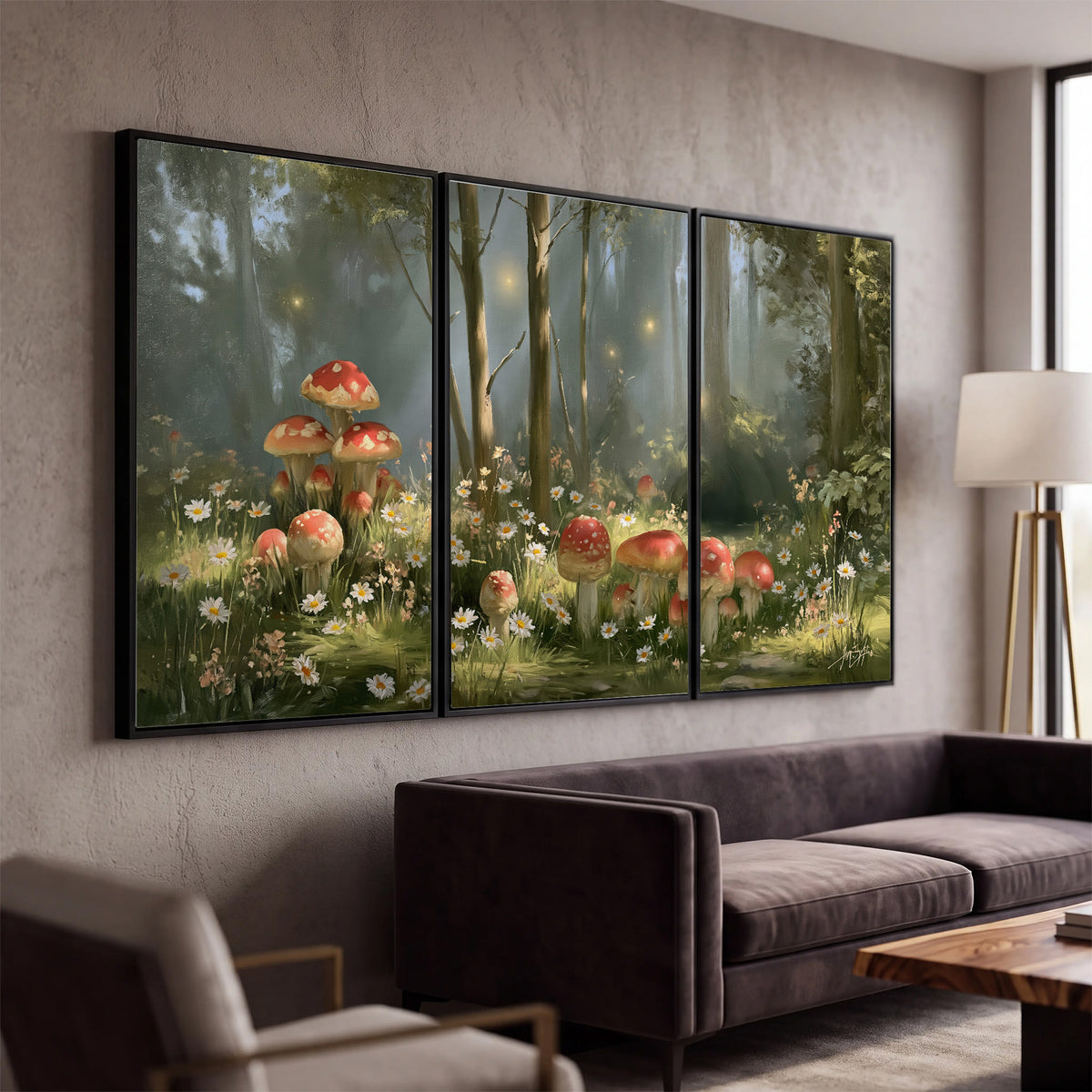 Red-capped mushrooms and white flowers beside tall trees in a sunlit forest 3 piece framed canvas wall art displayed in a modern living room