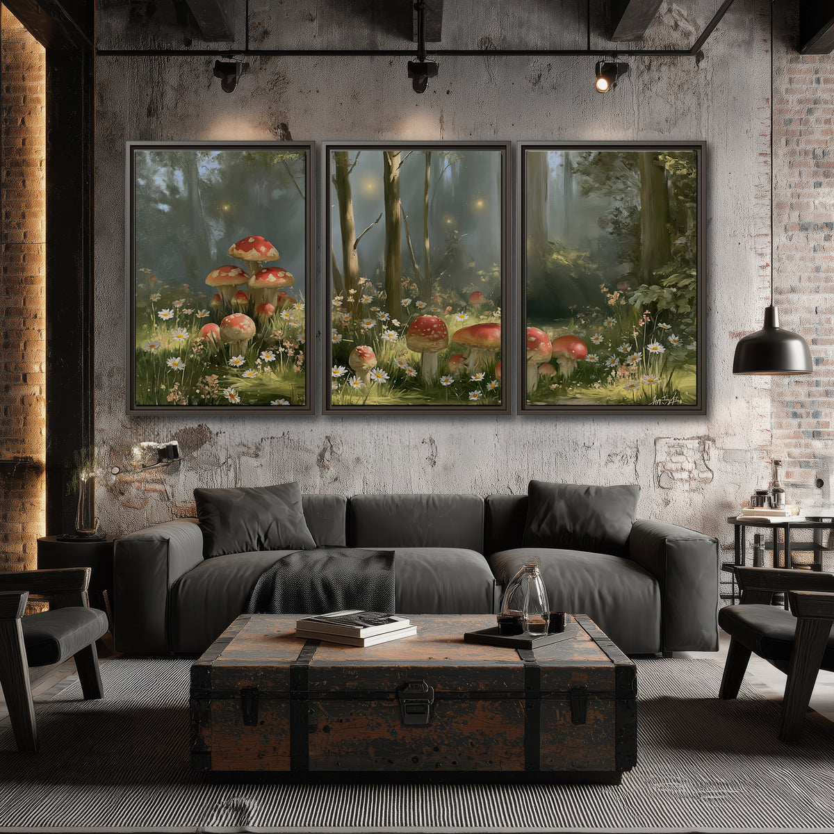 Red-capped mushrooms and white flowers beside tall trees in a sunlit forest 3 piece framed canvas wall art displayed in a industrial room