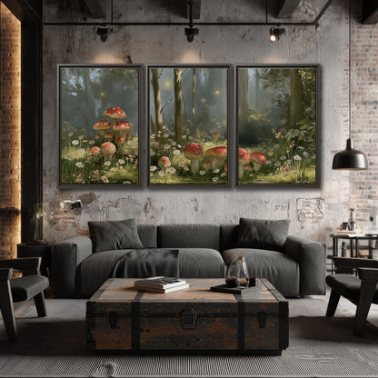 Red-capped mushrooms and white flowers beside tall trees in a sunlit forest 3 piece framed canvas wall art displayed in a industrial room