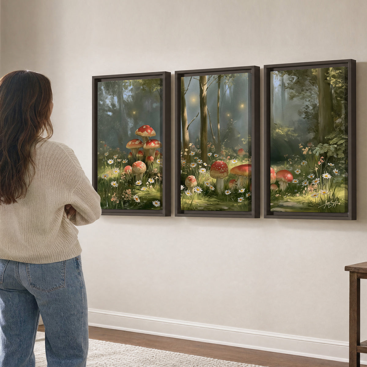 Red-capped mushrooms and white flowers beside tall trees in a sunlit forest 3 piece framed canvas wall art three panel arrangement on a wall