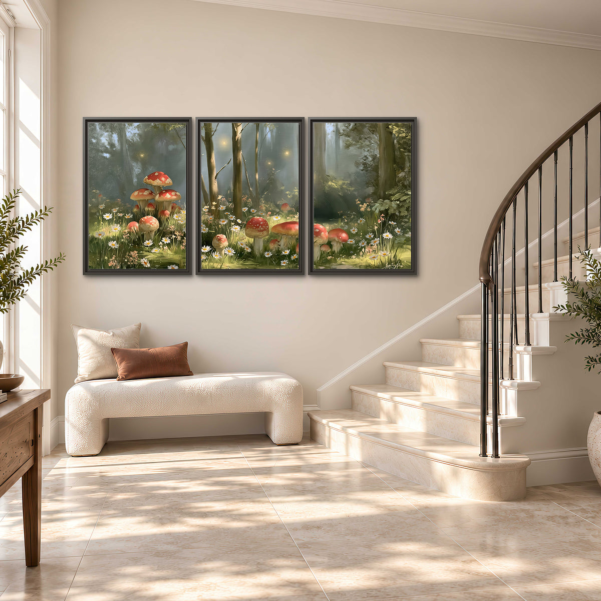 Red-capped mushrooms and white flowers beside tall trees in a sunlit forest 3 piece framed canvas wall art styled in an interior