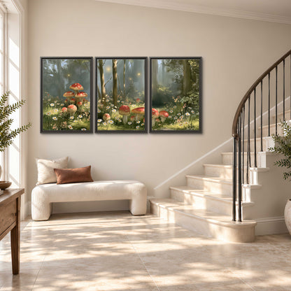Red-capped mushrooms and white flowers beside tall trees in a sunlit forest 3 piece framed canvas wall art styled in an interior