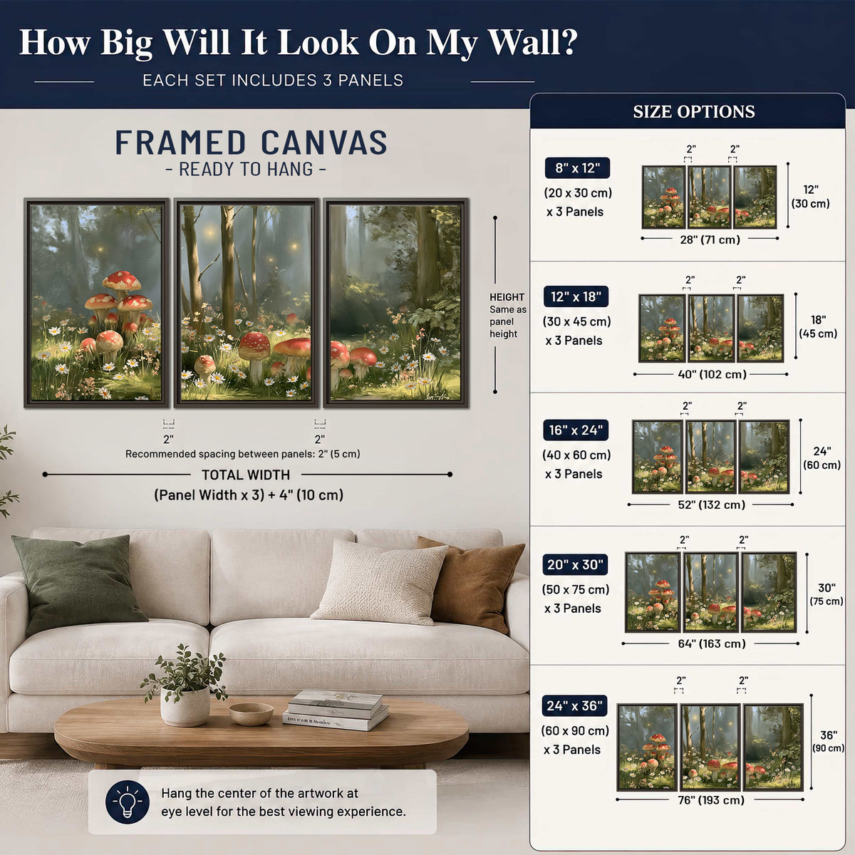 Red-capped mushrooms and white flowers beside tall trees in a sunlit forest 3 piece framed canvas wall art size guide above a sofa; room view is illustrative