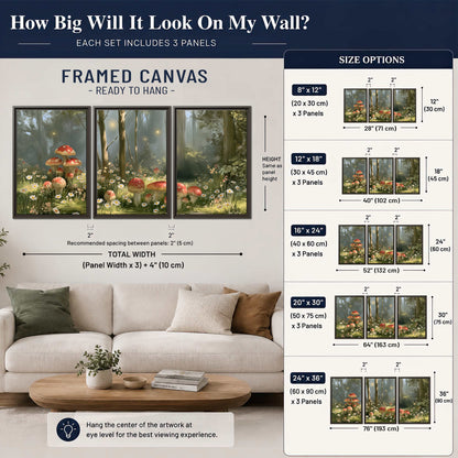 Red-capped mushrooms and white flowers beside tall trees in a sunlit forest 3 piece framed canvas wall art size guide above a sofa; room view is illustrative