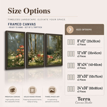 Red-capped mushrooms and white flowers beside tall trees in a sunlit forest 3 piece framed canvas wall art available dimensions; triptych dimensions are per panel