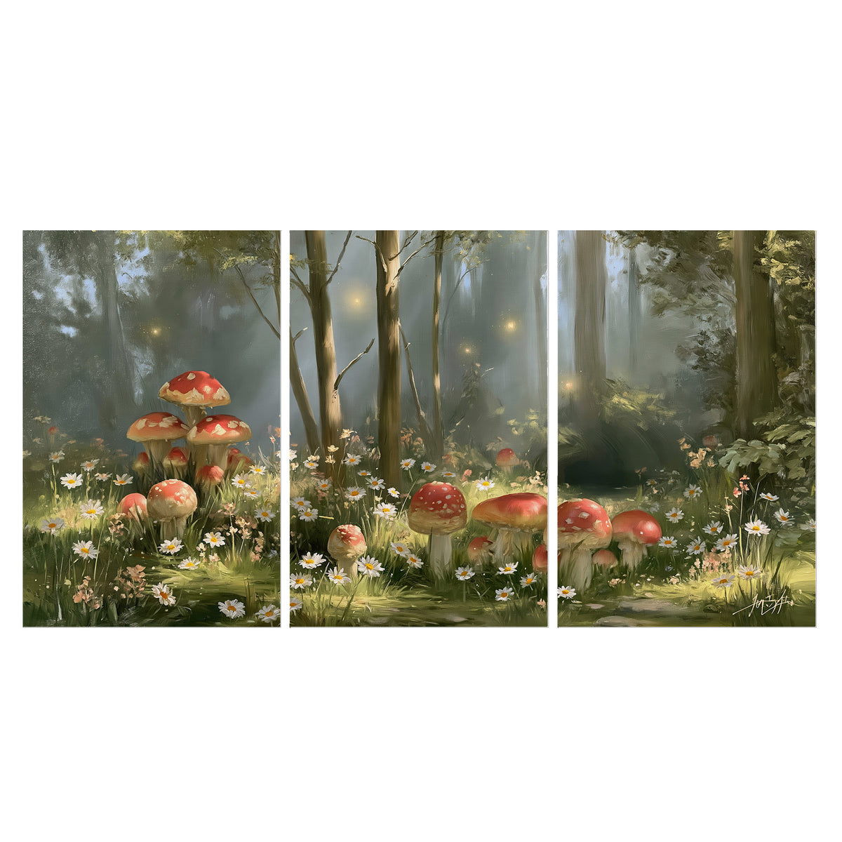Red-capped mushrooms and white flowers beside tall trees in a sunlit forest set of 3 poster prints viewed straight on