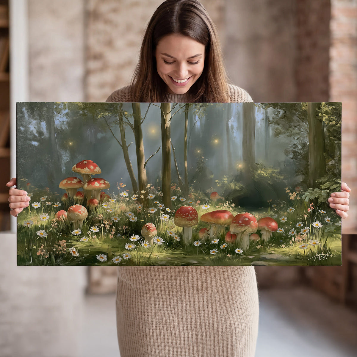 Red-capped mushrooms and white flowers beside tall trees in a sunlit forest single canvas wall art held in hands