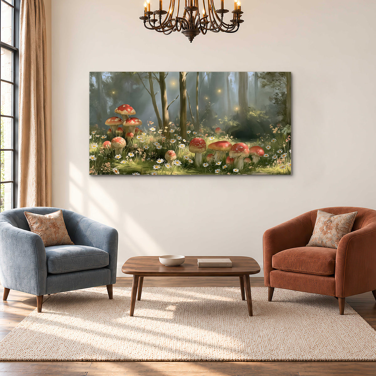 Red-capped mushrooms and white flowers beside tall trees in a sunlit forest single canvas wall art styled in an interior