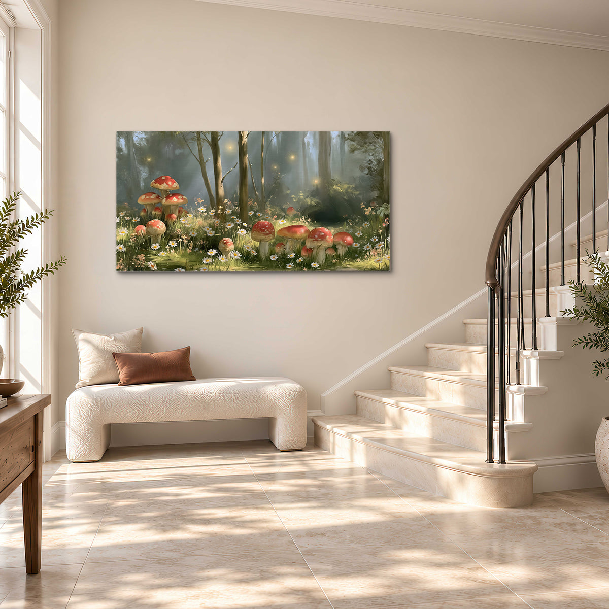 Red-capped mushrooms and white flowers beside tall trees in a sunlit forest single canvas wall art styled in an interior