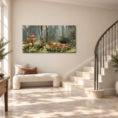 Red-capped mushrooms and white flowers beside tall trees in a sunlit forest single canvas wall art styled in an interior