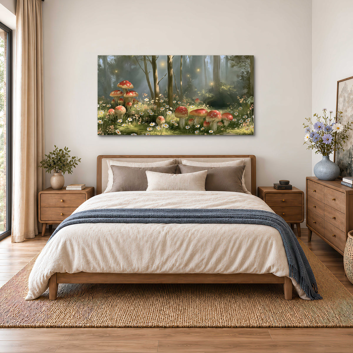 Red-capped mushrooms and white flowers beside tall trees in a sunlit forest single canvas wall art styled in an interior