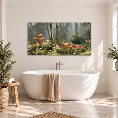 Red-capped mushrooms and white flowers beside tall trees in a sunlit forest single canvas wall art styled in an interior
