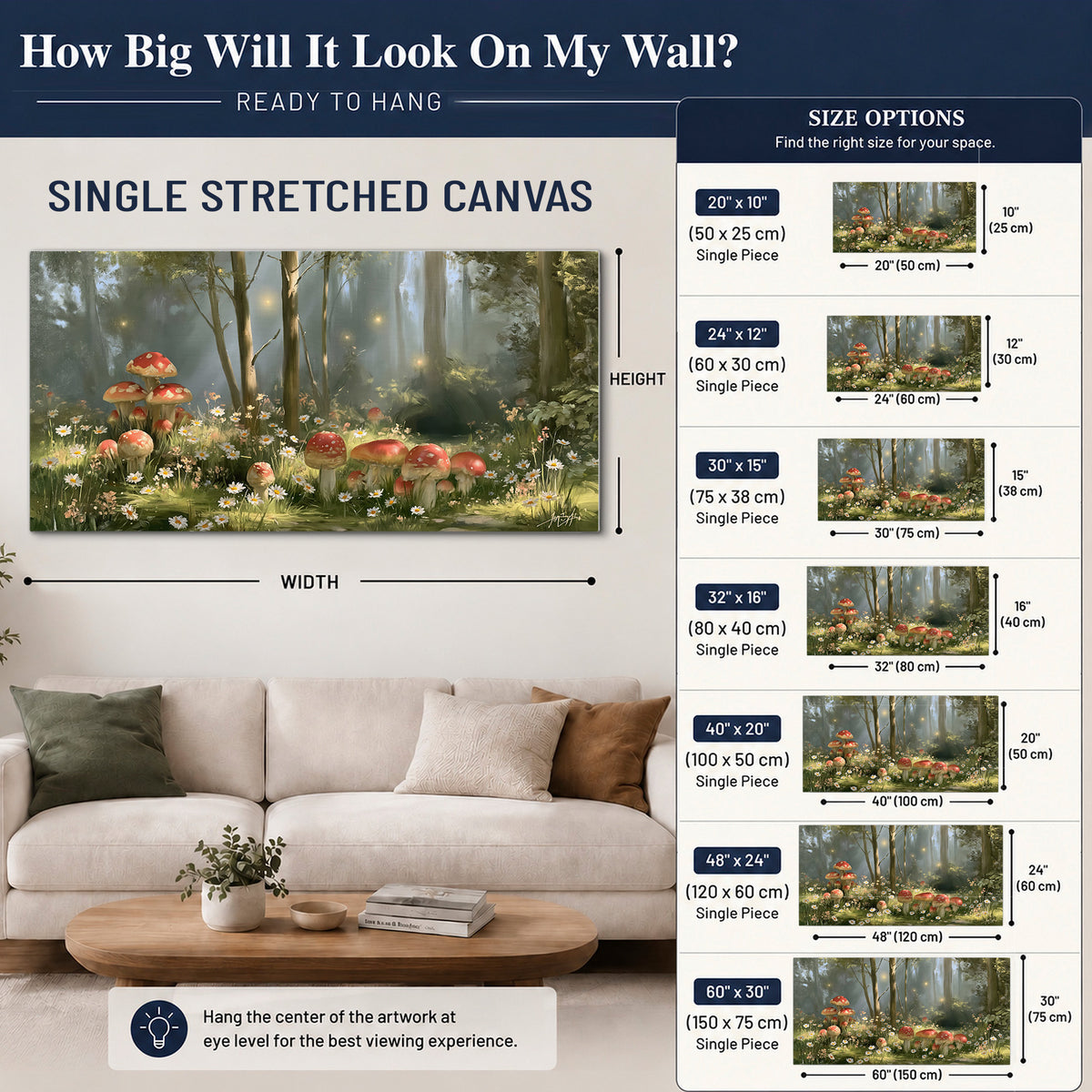 Red-capped mushrooms and white flowers beside tall trees in a sunlit forest single canvas wall art size guide above a sofa; room view is illustrative
