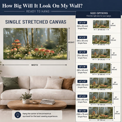 Red-capped mushrooms and white flowers beside tall trees in a sunlit forest single canvas wall art size guide above a sofa; room view is illustrative