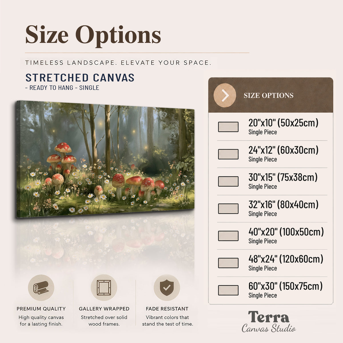 Red-capped mushrooms and white flowers beside tall trees in a sunlit forest single canvas wall art available dimensions
