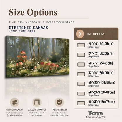 Red-capped mushrooms and white flowers beside tall trees in a sunlit forest single canvas wall art available dimensions