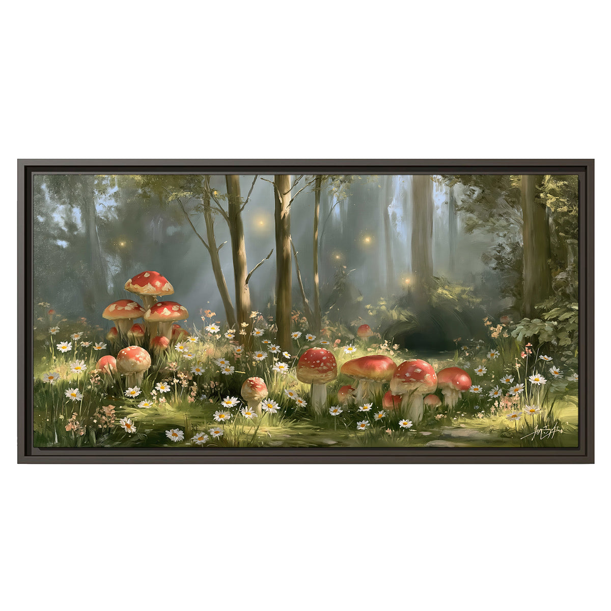 Red-capped mushrooms and white flowers beside tall trees in a sunlit forest single framed canvas wall art viewed straight on