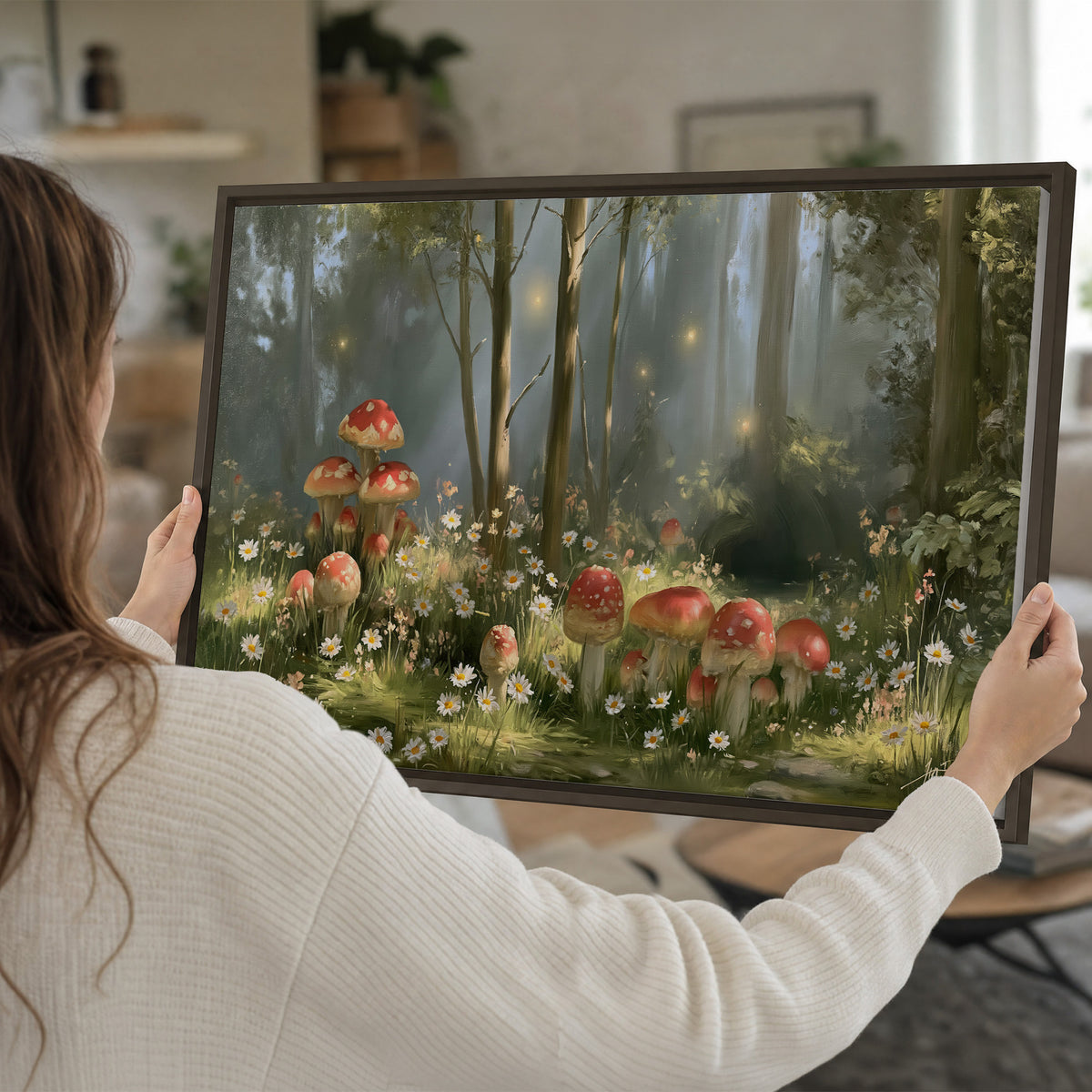 Red-capped mushrooms and white flowers beside tall trees in a sunlit forest single framed canvas wall art held in hands