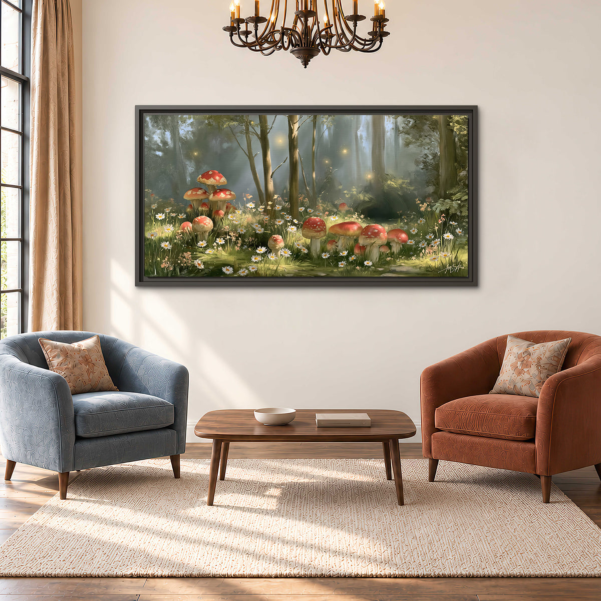 Red-capped mushrooms and white flowers beside tall trees in a sunlit forest single framed canvas wall art styled in an interior