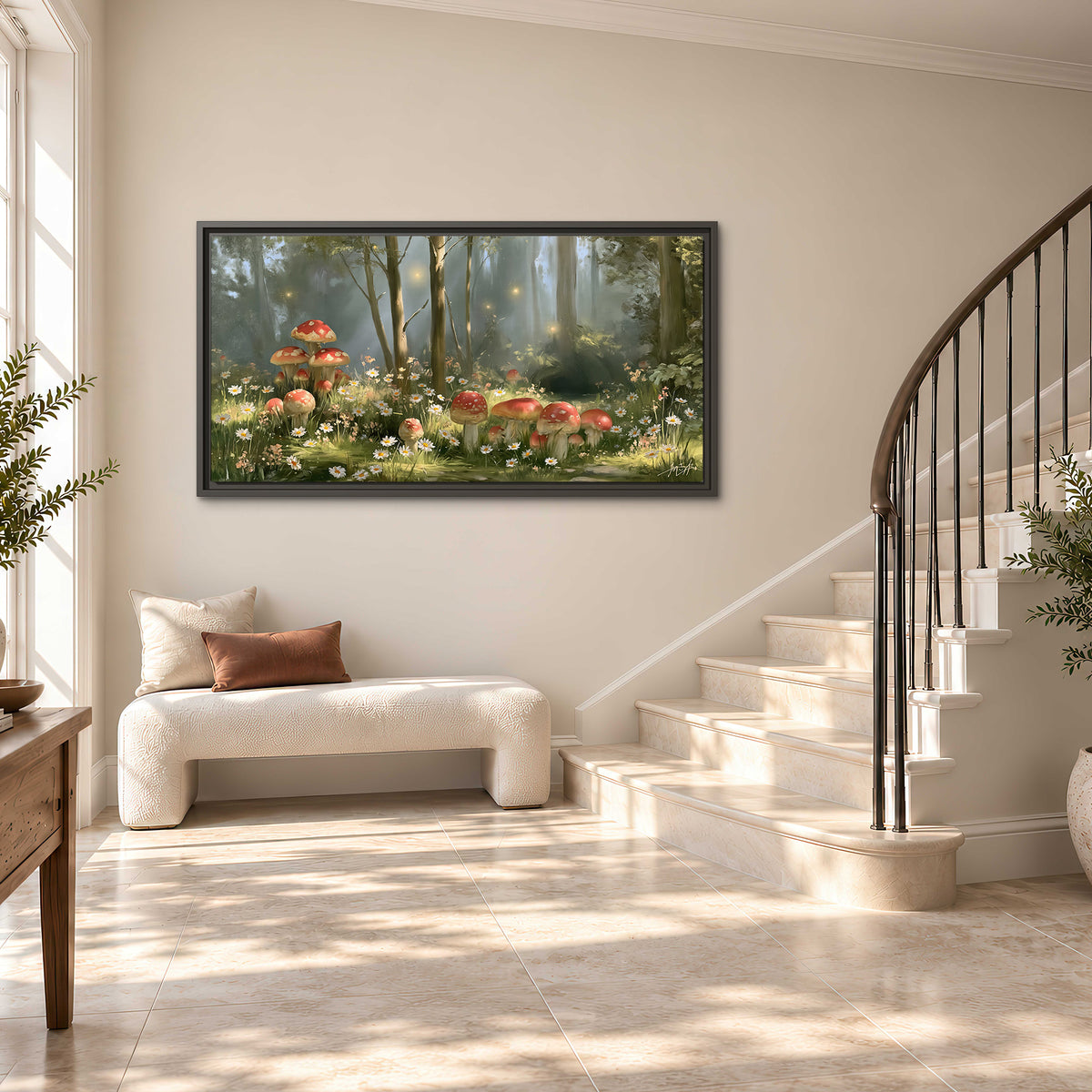 Red-capped mushrooms and white flowers beside tall trees in a sunlit forest single framed canvas wall art styled in an interior