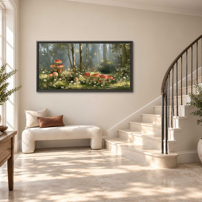 Red-capped mushrooms and white flowers beside tall trees in a sunlit forest single framed canvas wall art styled in an interior
