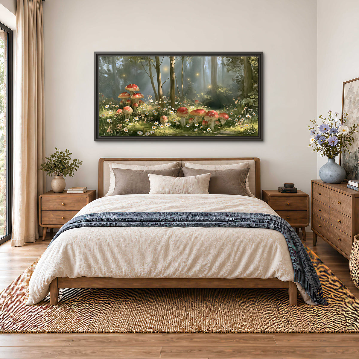 Red-capped mushrooms and white flowers beside tall trees in a sunlit forest single framed canvas wall art styled in an interior