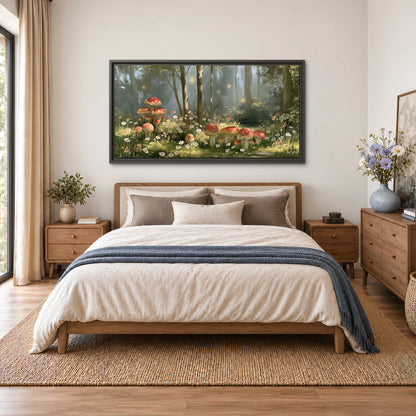Red-capped mushrooms and white flowers beside tall trees in a sunlit forest single framed canvas wall art styled in an interior