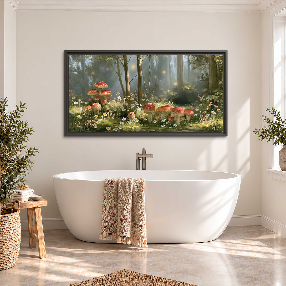 Red-capped mushrooms and white flowers beside tall trees in a sunlit forest single framed canvas wall art styled in an interior