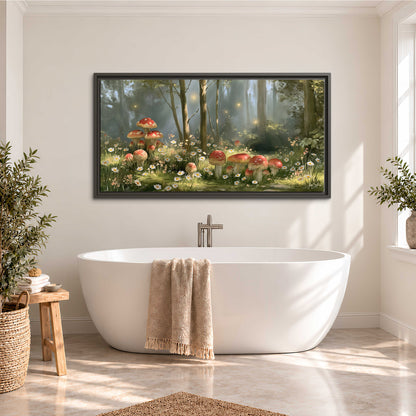 Red-capped mushrooms and white flowers beside tall trees in a sunlit forest single framed canvas wall art styled in an interior