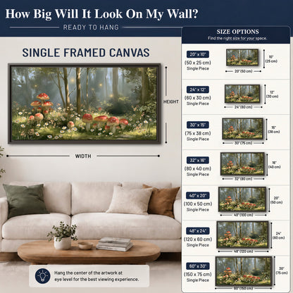 Red-capped mushrooms and white flowers beside tall trees in a sunlit forest single framed canvas wall art size guide above a sofa; room view is illustrative