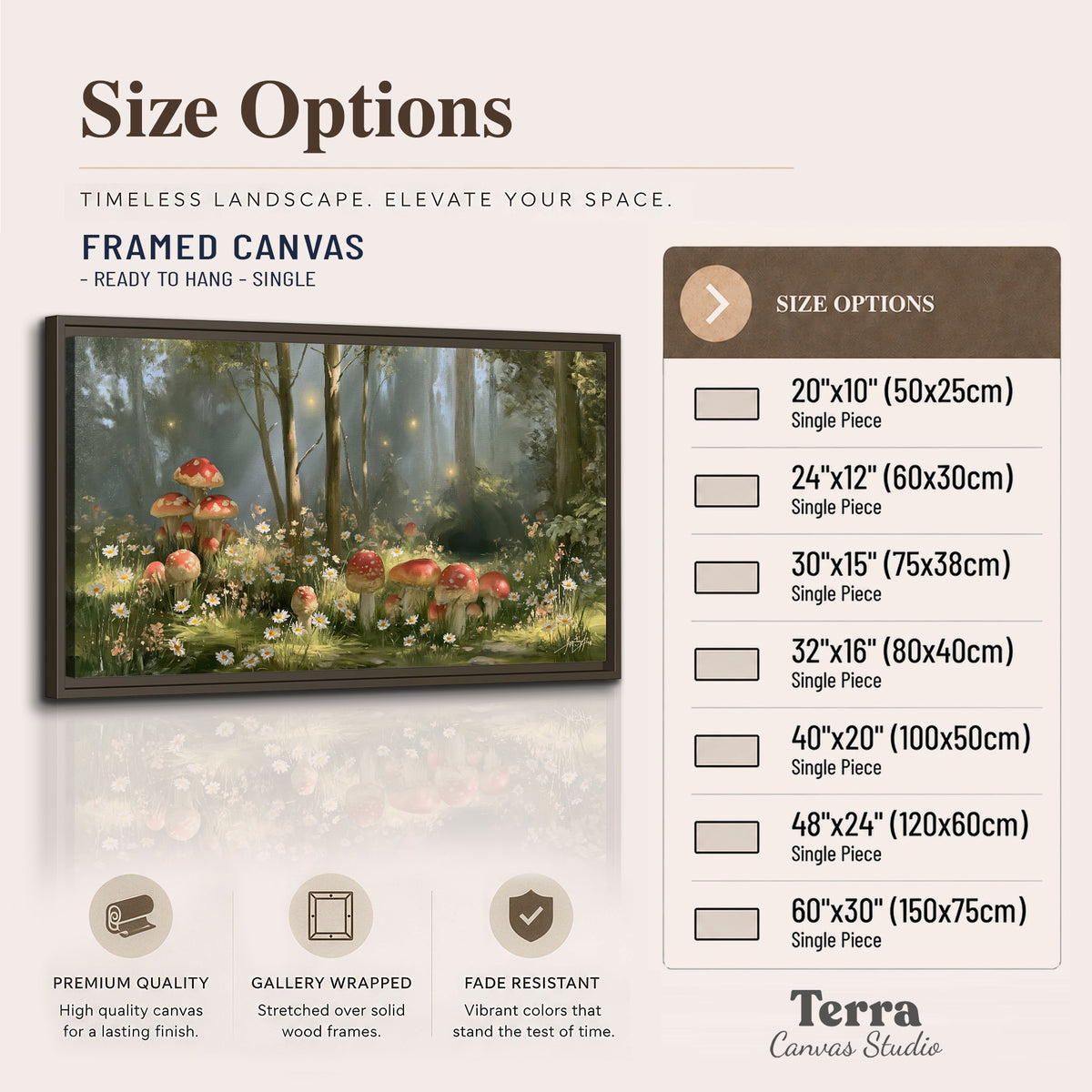Red-capped mushrooms and white flowers beside tall trees in a sunlit forest single framed canvas wall art available dimensions