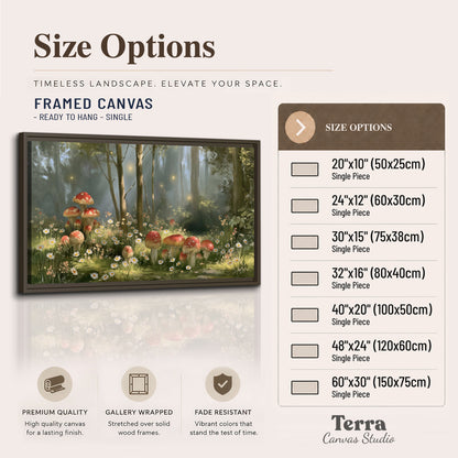 Red-capped mushrooms and white flowers beside tall trees in a sunlit forest single framed canvas wall art available dimensions