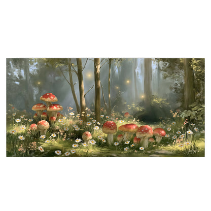 Red-capped mushrooms and white flowers beside tall trees in a sunlit forest single poster print viewed straight on
