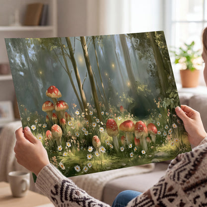 Red-capped mushrooms and white flowers beside tall trees in a sunlit forest single poster print held in hands