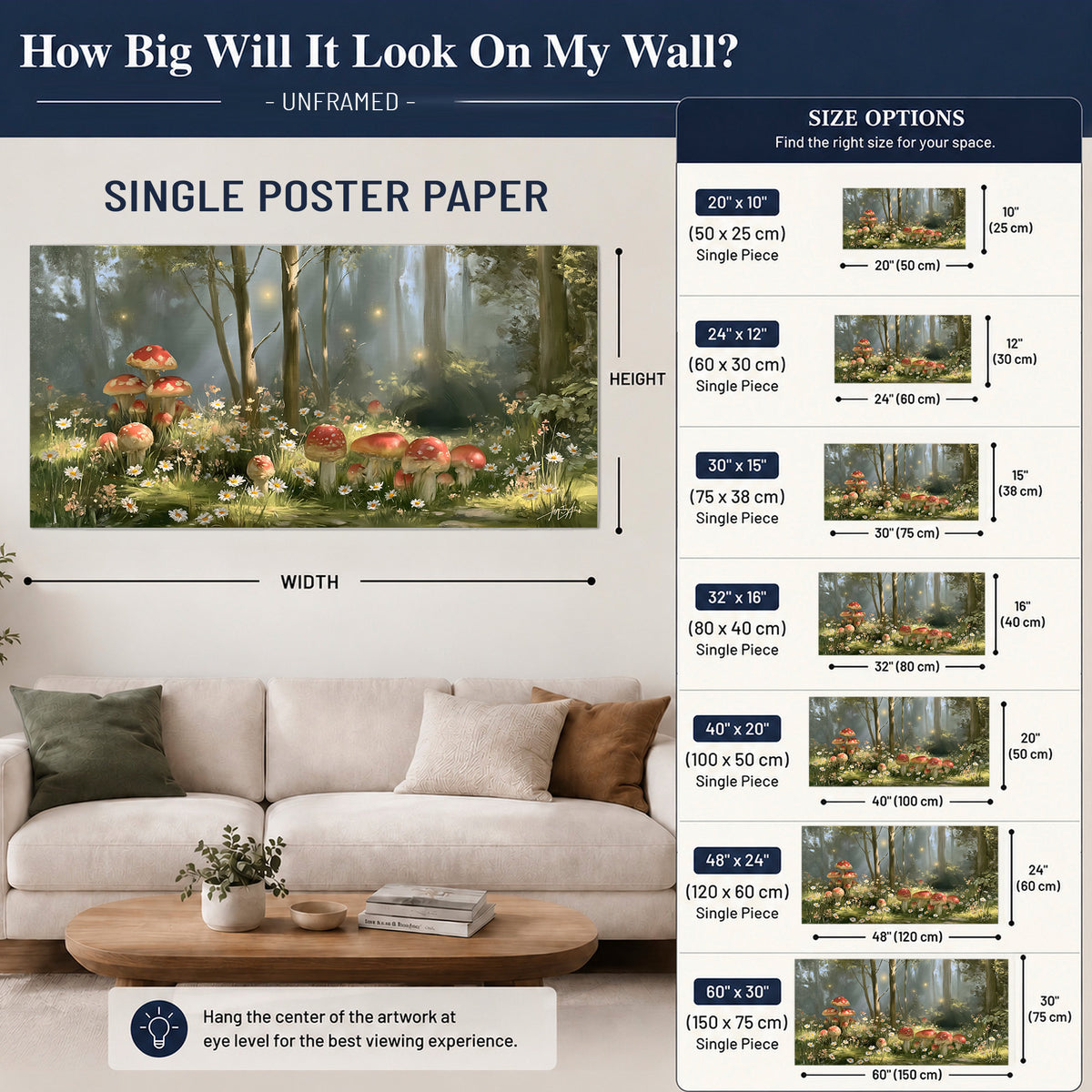 Red-capped mushrooms and white flowers beside tall trees in a sunlit forest single poster print size guide above a sofa; room view is illustrative