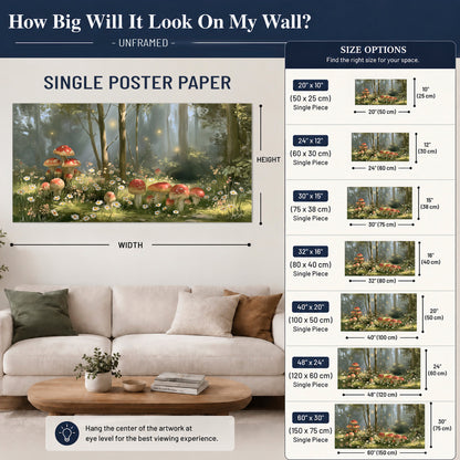 Red-capped mushrooms and white flowers beside tall trees in a sunlit forest single poster print size guide above a sofa; room view is illustrative