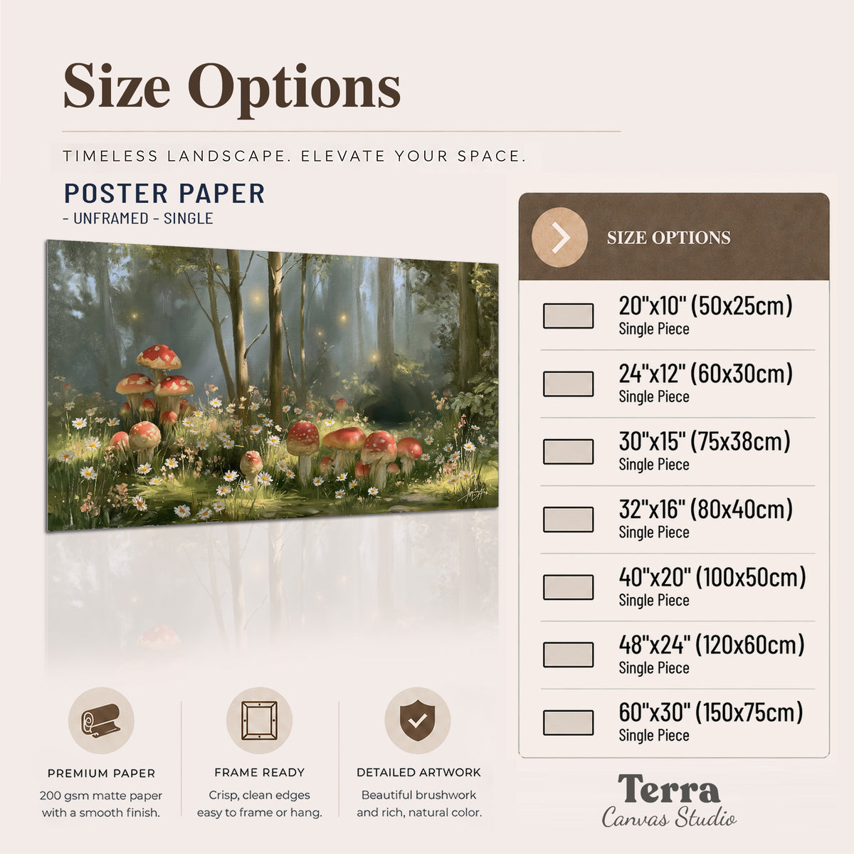 Red-capped mushrooms and white flowers beside tall trees in a sunlit forest single poster print available dimensions