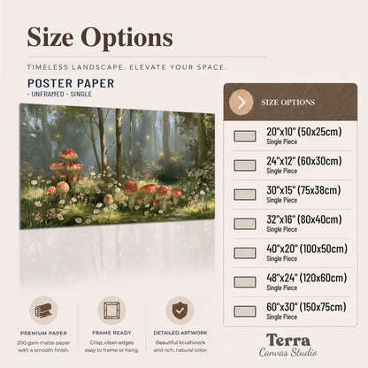Red-capped mushrooms and white flowers beside tall trees in a sunlit forest single poster print available dimensions