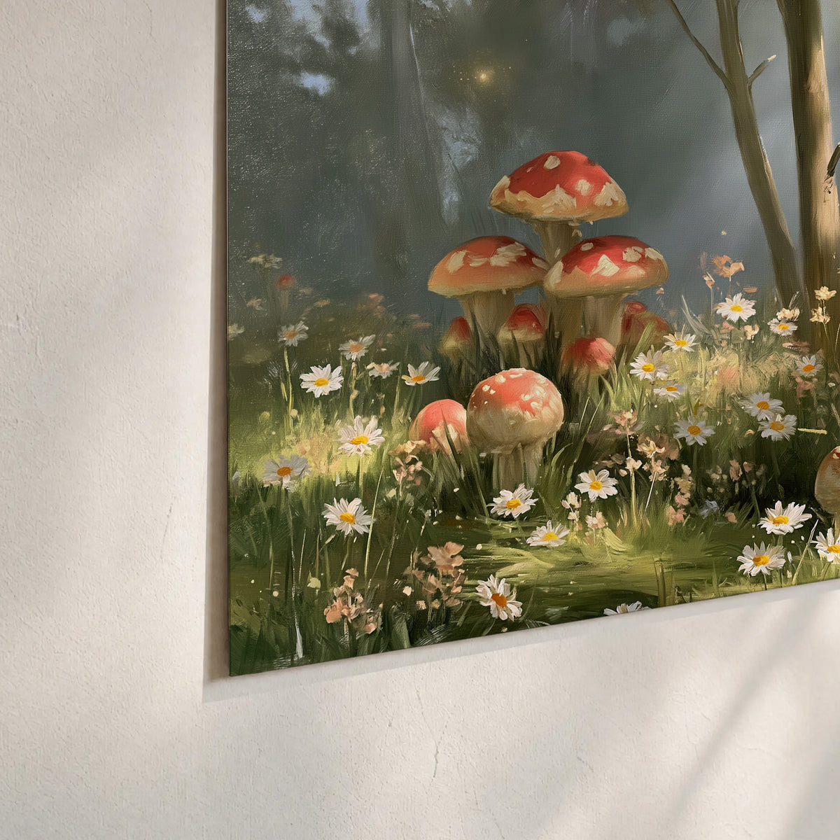 Red-capped mushrooms and white flowers beside tall trees in a sunlit forest set of 3 poster prints material and edge close up