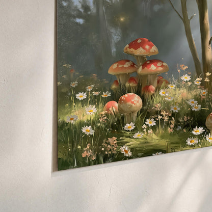 Red-capped mushrooms and white flowers beside tall trees in a sunlit forest set of 3 poster prints material and edge close up