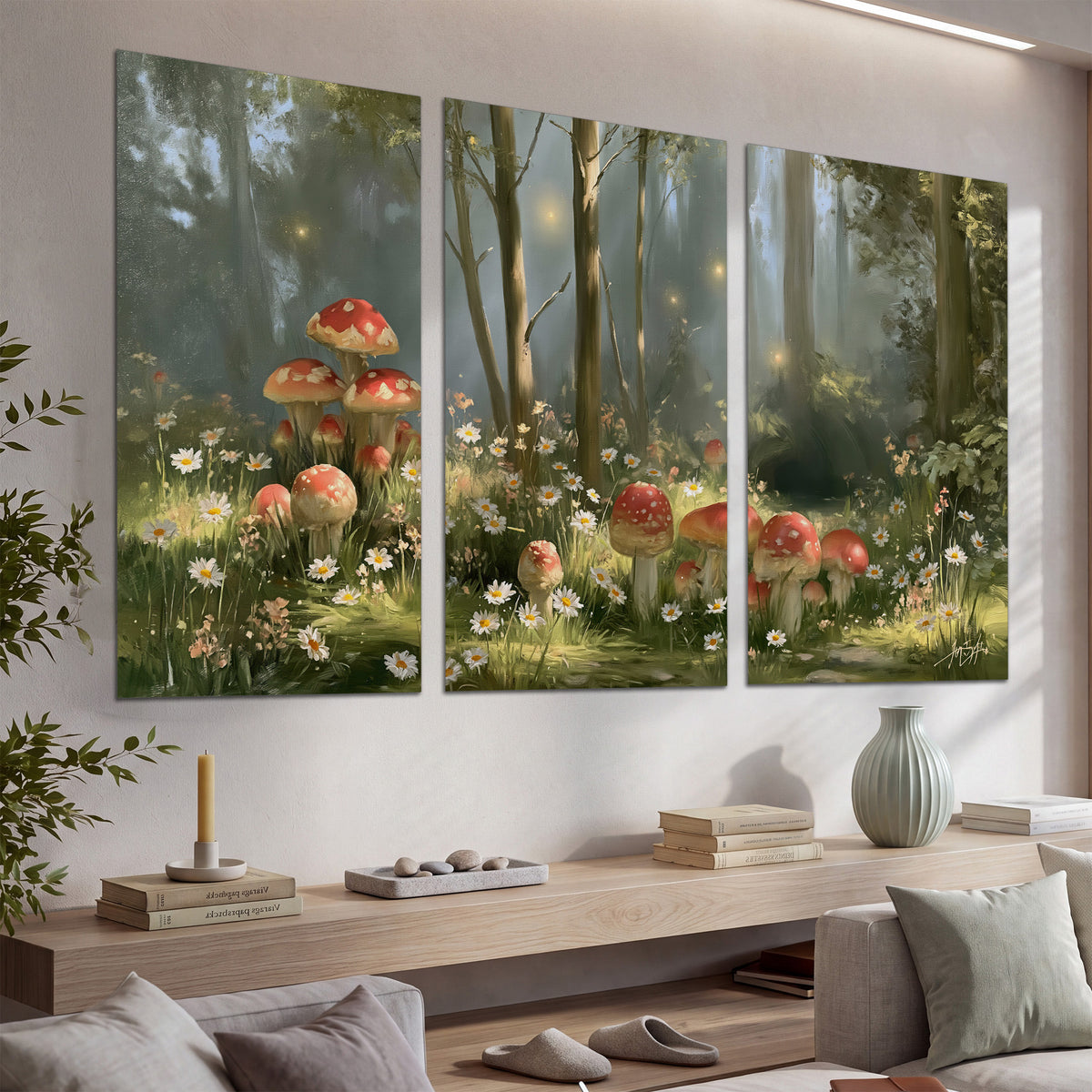 Red-capped mushrooms and white flowers beside tall trees in a sunlit forest set of 3 poster prints displayed in a console