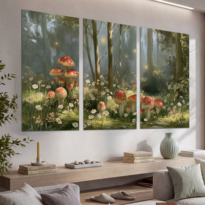 Red-capped mushrooms and white flowers beside tall trees in a sunlit forest set of 3 poster prints displayed in a console